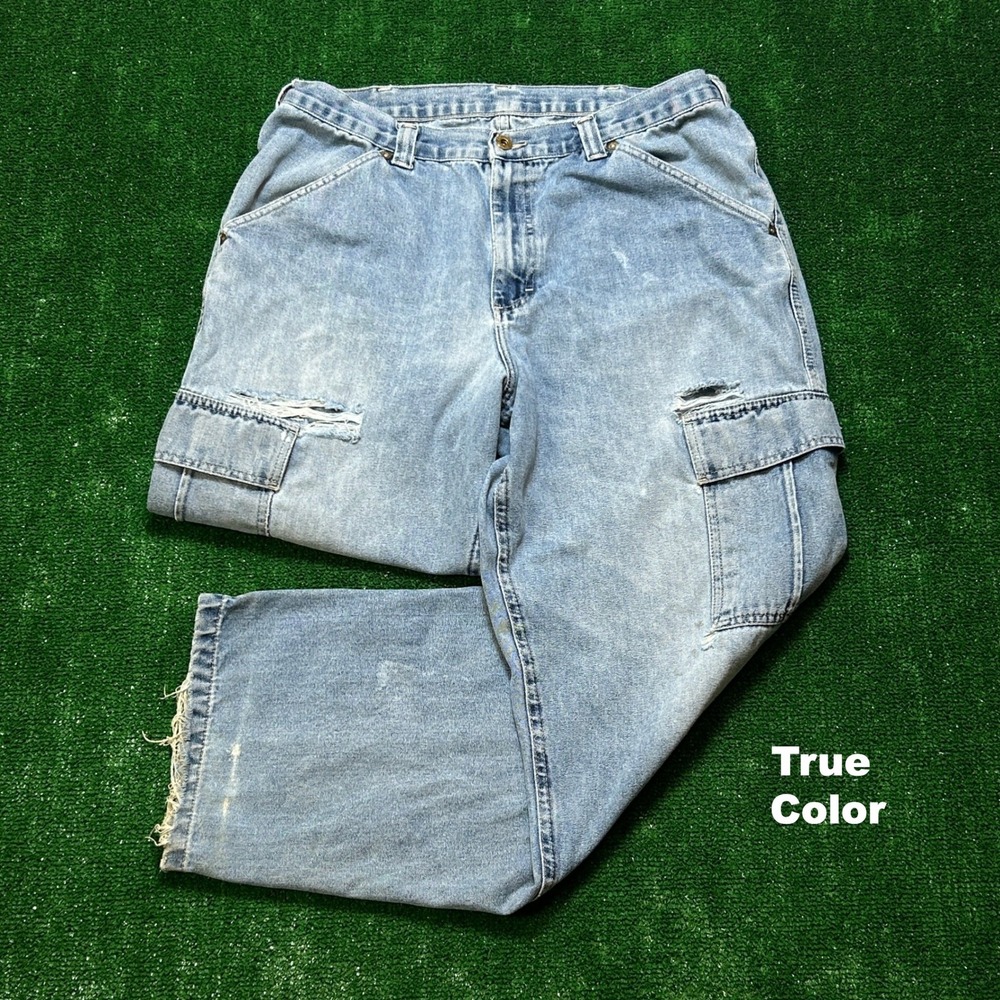 Lee Dungarees Cargo Jeans Mens 34x30 Light Wash Carpenter Wide Leg Distressed